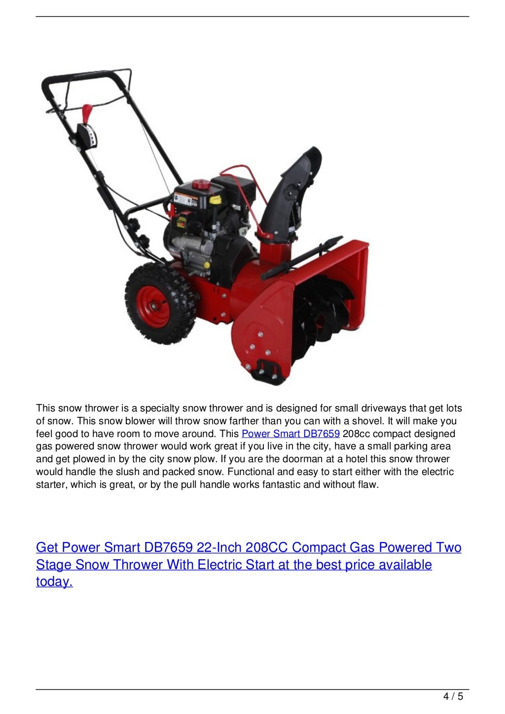 Power Smart DB7659 Gas Powered Two Stage Snow Thrower With Electric