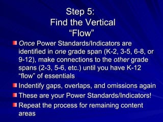 Step 5:   Find the Vertical “Flow” Once  Power Standards/Indicators are identified in  one  grade span (K-2, 3-5, 6-8, or 9-12), make connections to the  other  grade spans (2-3, 5-6, etc.) until you have K-12 “flow” of essentials Indentify gaps, overlaps, and omissions again These are your Power Standards/Indicators! Repeat the process for remaining content areas 