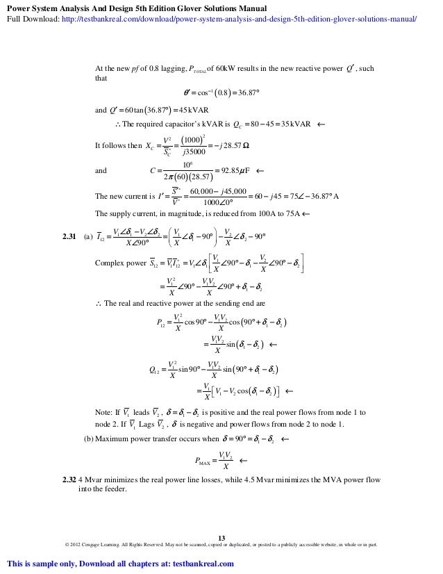 Power System Analysis and Design 5th Edition Glover Solutions Manual