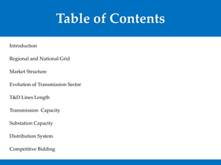 Table of Contents 
Introduction 
Regional and National Grid 
Market Structure 
Evolution of Transmission Sector 
T&D Lines...