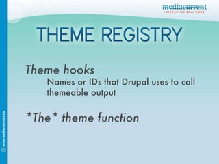 Theme hooks Names or IDs that Drupal uses to call themeable output *The* theme function 