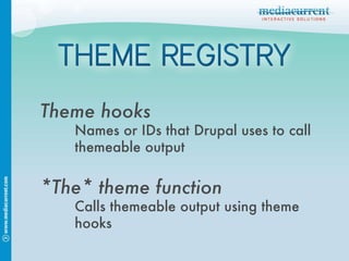 Theme hooks Names or IDs that Drupal uses to call themeable output *The* theme function Calls themeable output using theme hooks 