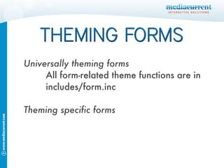 Theming specific forms Universally theming forms All form-related theme functions are in includes/form.inc 