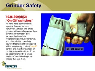 1926.300(d)(2)
“On-Off switches”
All hand-held powered drills,
tappers, fastener drivers,
horizontal, vertical, and angle
...