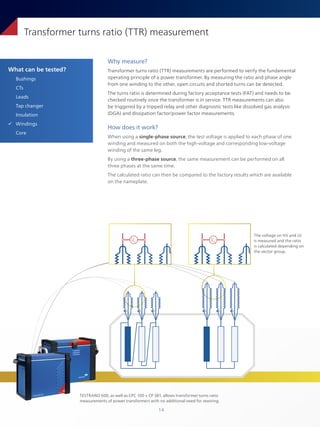 14
What can be tested?
Bushings
CTs
Leads
Tap changer
Insulation
ü Windings
Core
Transformer turns ratio (TTR) measurement
Why measure?
Transformer turns ratio (TTR) measurements are performed to verify the fundamental
operating principle of a power transformer. By measuring the ratio and phase angle
from one winding to the other, open circuits and shorted turns can be detected.
The turns ratio is determined during factory acceptance tests (FAT) and needs to be
checked routinely once the transformer is in service. TTR measurements can also
be triggered by a tripped relay and other diagnostic tests like dissolved gas analysis
(DGA) and dissipation factor/power factor measurements.
How does it work?
When using a single-phase source, the test voltage is applied to each phase of one
winding and measured on both the high-voltage and corresponding low-voltage
winding of the same leg.
By using a three-phase source, the same measurement can be performed on all
three phases at the same time.
The calculated ratio can then be compared to the factory results which are available
on the nameplate.
The voltage on HV and LV
is measured and the ratio
is calculated depending on
the vector group.
TESTRANO 600, as well as CPC 100 + CP SB1, allows transformer turns ratio
measurements of power transformers with no additional need for rewiring.
UHV
ULV
 