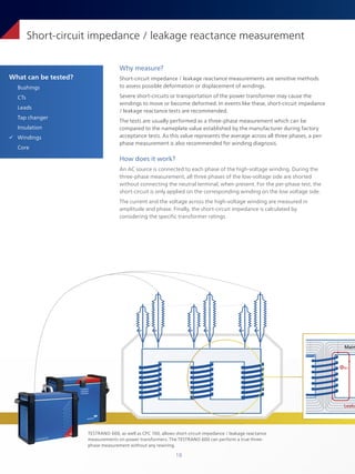 18
What can be tested?
Bushings
CTs
Leads
Tap changer
Insulation
ü Windings
Core
Short-circuit impedance / leakage reactance measurement
Why measure?
Short-circuit impedance / leakage reactance measurements are sensitive methods
to assess possible deformation or displacement of windings.
Severe short-circuits or transportation of the power transformer may cause the
windings to move or become deformed. In events like these, short-circuit impedance
/ leakage reactance tests are recommended.
The tests are usually performed as a three-phase measurement which can be
compared to the nameplate value established by the manufacturer during factory
acceptance tests. As this value represents the average across all three phases, a per-
phase measurement is also recommended for winding diagnosis.
How does it work?
An AC source is connected to each phase of the high-voltage winding. During the
three-phase measurement, all three phases of the low-voltage side are shorted
without connecting the neutral terminal, when present. For the per-phase test, the
short-circuit is only applied on the corresponding winding on the low voltage side.
The current and the voltage across the high-voltage winding are measured in
amplitude and phase. Finally, the short-circuit impedance is calculated by
considering the specific transformer ratings.
TESTRANO 600, as well as CPC 100, allows short-circuit impedance / leakage reactance
measurements on power transformers. The TESTRANO 600 can perform a true three-
phase measurement without any rewiring.
Фσ1
Leaka
Main
 