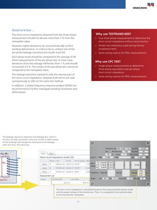 19
Good to know ...
The short-circuit impedance obtained from the three-phase
measurement should not deviate more than 3 % from the
nameplate value.
However, higher deviations do not automatically confirm
winding deformation. In order to do so, at least one of the
per-phase leakage reactance test results must fail.
Each phase result should be compared to the average of all
three measurements of the per-phase test. In most cases
deviations from the average will be less than 1 % and should
not exceed 2-3 %. The results of the per-phase test cannot be
compared to the nameplate value.
The leakage reactance represents only the reactive part of
the short-circuit impedance. However both terms are used
synonymously to refer to the same test method.
In addition, a sweep frequency response analysis (SFRA) can
be performed to further investigate winding movement and
deformation.
Why use TESTRANO 600?
>
> True three-phase measurement to determine the
short-circuit impedance without reconnection
>
> Similar test method as used during factory
acceptance tests
>
> Same wiring used as for FRSL measurements
Why use CPC 100?
>
> Single-phase measurements to determine
three-phase equivalent and per-phase
short-circuit impedance
>
> Same wiring used as for FRSL measurements
The short-circuit impedance is calculated based on the measured three-phase results
and the power ratings of the transformer. Then, it is compared to the nominal value
on the transformer nameplate.
Ф12
Фσ2
age flux
n flux
The leakage reactance represents the leakage flux, which is
the flux not fully contained in the core. A shift or deformation
of the windings will change the reluctance of the leakage
path and, thus, the reactance.
Transformer Type Serial No.
Year: Manufacturing 1966 DB
Operation
V A
V A
V A
%
t
Hz
50 S Yd11
Cooling Vector Group
Power P: PRIM TERT SEC kVA
Rated
Voltage
Impedances:
Weight:
PRIM-TERT
Total Oil Active Part Shipping
TERT-SEC PRIM-SEC
ODL 16 000 / 110 561525
12 000
12 000
12 62 00
11 00 00
9 38 00
54.9
53.0
73.9
10 600
9.45
8.45
8.15
424 17.6 18 41
1
13
25
 