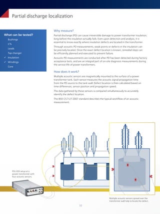 32
What can be tested?
Bushings
CTs
Leads
Tap changer
ü Insulation
ü Windings
Core
Partial discharge localization
Why measure?
Partial discharge (PD) can cause irreversible damage to power transformer insulation,
long before the insulation actually fails. Even upon detection and analysis, it is
essential to know exactly where insulation defects are located in the transformer.
Through acoustic PD measurements, weak points or defects in the insulation can
be precisely located. Once the exact defect location is known, remedial steps can
be efficiently planned and executed to prevent failure.
Acoustic PD measurements are conducted after PD has been detected during factory
acceptance tests, and are an integral part of on-site diagnosis measurements during
the service life of power transformers.
How does it work?
Multiple acoustic sensors are magnetically mounted to the surface of a power
transformer tank. Each sensor measures the acoustic signal propagation time
from the PD source to the tank wall. Defect location is then calculated based on
time differences, sensor position and propagation speed.
The data gathered by these sensors is compared simultaneously to accurately
identify the defect location.
The IEEE C57.127-2007 standard describes the typical workflow of an acoustic
measurement.
Multiple acoustic sensors spread over the
transformer wall help to locate the defect.
PDL 650 setup at a
power transformer with
four acoustic sensors.
 
