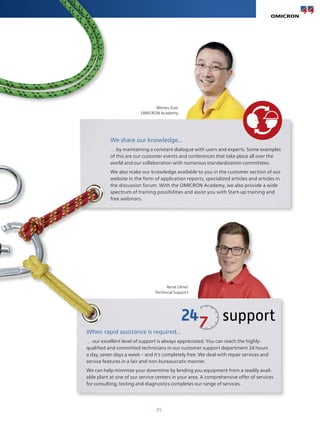 35
René Ulmer
Technical Support
We share our knowledge...
… by maintaining a constant dialogue with users and experts. Some examples
of this are our customer events and conferences that take place all over the
world and our collaboration with numerous standardization committees.
We also make our knowledge available to you in the customer section of our
website in the form of application reports, specialized articles and articles in
the discussion forum. With the OMICRON Academy, we also provide a wide
spectrum of training possibilities and assist you with Start-up training and
free webinars.
When rapid assistance is required...
… our excellent level of support is always appreciated. You can reach the highly-
qualified and committed technicians in our customer support department 24 hours
a day, seven days a week – and it's completely free. We deal with repair services and
service features in a fair and non-bureaucratic manner.
We can help minimize your downtime by lending you equipment from a readily avail-
able plant at one of our service centers in your area. A comprehensive offer of services
for consulting, testing and diagnostics completes our range of services.
Wenyu Guo
OMICRON Academy
 