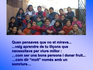 Quan pensaves que no et mirava...
...vaig aprendre de tu lliçons que
necessitava per viure millor :
…com ser una bona persona i donar fruit...
…com dir “molt” només amb un
somriure…
 