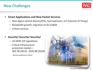 Power Utilities Migration Solutions 5
New Challenges
• Smart Applications and New Packet Services
– New digital control devices/IEDs, Syncrophasors, IoT (Internet of Things)
– Bandwidth growth, migration to IEC 61850
– UTelco services
• Security! Security! Security!
– US NERC CIP regulations
– Critical infrastructure
protection market –
$63.7B (2013) - $105.9B (2018)
MarketsandMarkets 9/2013
 