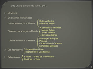  La Meseta

 Els sistemes muntanyosos
                                    Sistema Central
   Unitats interiors de la Meseta   Monts de Toledo

                                      Serralada Cantàbrica
                                      Massís Galaic
   Sistemes que voregen la Meseta
                                      Sierra Morena
                                      Serralada Ibèrica
                                    Muntanyes Basques
    Unitats exteriors a la Meseta   Pirineus
                                    Cadena Litoral Catalana
                                    Serralades Bètiques
 Les depressions     Depressió de l’Ebre
                      Depressió del Guadalquivir

 Relleu insular     Balears → Serra de Tramuntana.
                     Canàries → Teide


                                                              3
 
