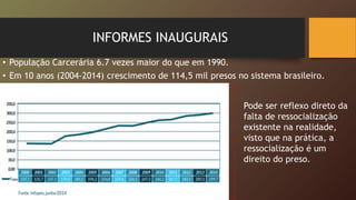 INFORMES INAUGURAIS
• População Carcerária 6.7 vezes maior do que em 1990.
• Em 10 anos (2004-2014) crescimento de 114,5 mil presos no sistema brasileiro.
Pode ser reflexo direto da
falta de ressocialização
existente na realidade,
visto que na prática, a
ressocialização é um
direito do preso.
 