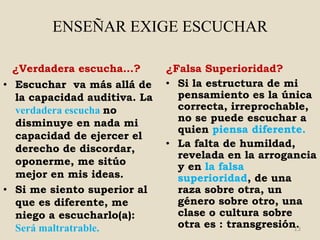 ENSEÑAR EXIGE ESCUCHAR

  ¿Verdadera escucha…?        ¿Falsa Superioridad?
• Escuchar va más allá de     • Si la estructura de mi
  la capacidad auditiva. La     pensamiento es la única
  verdadera escucha no          correcta, irreprochable,
  disminuye en nada mi          no se puede escuchar a
                                quien piensa diferente.
  capacidad de ejercer el
  derecho de discordar,       • La falta de humildad,
                                revelada en la arrogancia
  oponerme, me sitúo            y en la falsa
  mejor en mis ideas.           superioridad, de una
• Si me siento superior al      raza sobre otra, un
  que es diferente, me          género sobre otro, una
  niego a escucharlo(a):        clase o cultura sobre
  Será maltratrable.            otra es : transgresión.
                                                      13
 