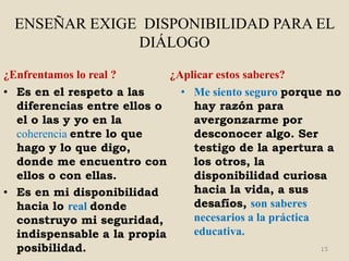 ENSEÑAR EXIGE DISPONIBILIDAD PARA EL
              DIÁLOGO

¿Enfrentamos lo real ?      ¿Aplicar estos saberes?
• Es en el respeto a las      • Me siento seguro porque no
  diferencias entre ellos o     hay razón para
  el o las y yo en la           avergonzarme por
  coherencia entre lo que       desconocer algo. Ser
  hago y lo que digo,           testigo de la apertura a
  donde me encuentro con        los otros, la
  ellos o con ellas.            disponibilidad curiosa
• Es en mi disponibilidad       hacia la vida, a sus
  hacia lo real donde           desafíos, son saberes
  construyo mi seguridad,       necesarios a la práctica
  indispensable a la propia     educativa.
  posibilidad.                                           15
 