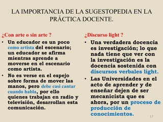 LA IMPORTANCIA DE LA SUGESTOPEDIA EN LA
              PRÁCTICA DOCENTE.

¿Con arte o sin arte ?           ¿Discurso light ?
• Un educador es un poco         • Una verdadera docencia
  como artista del escenario;      es investigación; lo que
  un educador se afirma            nada tiene que ver con
  mientras aprende a               la investigación es la
  moverse en el escenario          docencia sostenida con
  como artista.
                                   discursos verbales light.
• No es verse en el espejo
  sobre forma de mover las       • Las Universidades en el
  manos, pero debe casi cantar     acto de aprender y de
  cuando habla, por ello           enseñar dejen de ser
  quienes trabajan en radio y      mecanicista que es
  televisión, desarrollan esta     ahora, por un proceso de
  comunicación.                    producción de
                                   conocimientos.        17
 