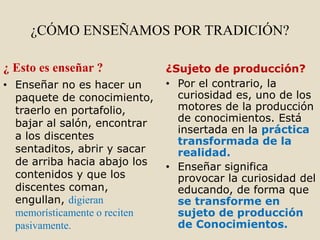 ¿CÓMO ENSEÑAMOS POR TRADICIÓN?

¿ Esto es enseñar ?            ¿Sujeto de producción?
• Enseñar no es hacer un       • Por el contrario, la
  paquete de conocimiento,       curiosidad es, uno de los
  traerlo en portafolio,         motores de la producción
  bajar al salón, encontrar      de conocimientos. Está
                                 insertada en la práctica
  a los discentes                transformada de la
  sentaditos, abrir y sacar      realidad.
  de arriba hacia abajo los    • Enseñar significa
  contenidos y que los           provocar la curiosidad del
  discentes coman,               educando, de forma que
  engullan, digieran             se transforme en
  memorísticamente o reciten     sujeto de producción
  pasivamente.                   de Conocimientos.
 
