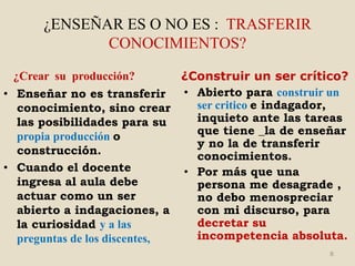 ¿ENSEÑAR ES O NO ES : TRASFERIR
             CONOCIMIENTOS?

  ¿Crear su producción?        ¿Construir un ser crítico?
• Enseñar no es transferir     • Abierto para construir un
   conocimiento, sino crear      ser critico e indagador,
   las posibilidades para su     inquieto ante las tareas
   propia producción o           que tiene _la de enseñar
                                 y no la de transferir
   construcción.                 conocimientos.
• Cuando el docente            • Por más que una
   ingresa al aula debe          persona me desagrade ,
   actuar como un ser            no debo menospreciar
   abierto a indagaciones, a     con mi discurso, para
   la curiosidad y a las         decretar su
   preguntas de los discentes,   incompetencia absoluta.
                                                      8
 