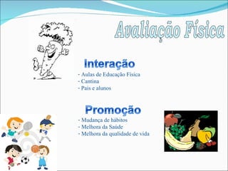Avaliação Física Aulas de Educação Física Cantina Pais e alunos Mudança de hábitos Melhora da Saúde Melhora da qualidade de vida 