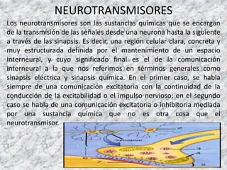 NEUROTRANSMISORES
Los neurotransmisores son las sustancias químicas que se encargan
de la transmisión de las señales desde una neurona hasta la siguiente
a través de las sinapsis. Es decir, una región celular clara, concreta y
muy estructurada definida por el mantenimiento de un espacio
interneural, y cuyo significado final es el de la comunicación
interneural a la que nos referimos en términos generales como
sinapsis eléctrica y sinapsis química. En el primer caso, se habla
siempre de una comunicación excitatoria con la continuidad de la
conducción de la excitabilidad o el impulso nervioso; en el segundo
caso se habla de una comunicación excitatoria o inhibitoria mediada
por una sustancia química que no es otra cosa que el
neurotransmisor.
 