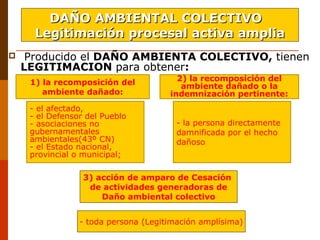  Producido el DAÑO AMBIENTA COLECTIVO, tienen
LEGITIMACION para obtener:
DAÑO AMBIENTAL COLECTIVODAÑO AMBIENTAL COLECTIVO
Legitimación procesal activa ampliaLegitimación procesal activa amplia
1) la recomposición del
ambiente dañado:
2) la recomposición del
ambiente dañado o la
indemnización pertinente:
- el afectado,
- el Defensor del Pueblo
- asociaciones no
gubernamentales
ambientales(43º CN)
- el Estado nacional,
provincial o municipal;
- la persona directamente
damnificada por el hecho
dañoso
3) acción de amparo de Cesación
de actividades generadoras de
Daño ambiental colectivo
- toda persona (Legitimación amplísima)
 