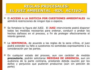  El ACCESO A LA JUSTICIA POR CUESTIONES AMBIENTALES no
admitirá restricciones de ningún tipo o especie.
 Se fortalece la figura del JUEZ. El JUEZ interviniente podrá disponer
todas las medidas necesarias para ordenar, conducir o probar los
hechos dañosos en el proceso, a fin de proteger efectivamente el
interés general.
 La SENTENCIA, de acuerdo a las reglas de la sana crítica, el juez
podrá extender su fallo a cuestiones no sometidas expresamente a su
consideración por las partes.
 En cualquier estado del proceso, aun con carácter de medida
precautoria, podrán solicitarse MEDIDAS DE URGENCIA, aun sin
audiencia de la parte contraria, prestando debida caución por los
daños y perjuicios que pudieran producirse (aún sin petición de
parte)
REGLAS PROCESALES:REGLAS PROCESALES:
EL JUEZ AMBIENTAL -ROL ACTIVO-EL JUEZ AMBIENTAL -ROL ACTIVO-
 