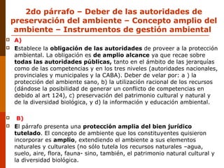2do párrafo – Deber de las autoridades de
preservación del ambiente – Concepto amplio del
ambiente – Instrumentos de gestión ambiental
 A)
 Establece la obligación de las autoridades de proveer a la protección
ambiental. La obligación es de amplio alcance ya que recae sobre
todas las autoridades públicas, tanto en el ámbito de las jerarquías
como de las competencias y en los tres niveles (autoridades nacionales,
provinciales y municipales y la CABA). Deber de velar por: a ) la
protección del ambiente sano, b) la utilización racional de los recursos
(dándose la posibilidad de generar un conflicto de competencias en
debido al art 124), c) preservación del patrimonio cultural y natural y
de la diversidad biológica, y d) la información y educación ambiental.
 B)
 El párrafo presenta una protección amplia del bien jurídico
tutelado. El concepto de ambiente que los constituyentes quisieron
incorporar es amplio, extendiendo el ambiente a sus elementos
naturales y culturales (no sólo tutela los recursos naturales –agua,
suelo, aire, flora, fauna- sino, también, el patrimonio natural cultural y
la diversidad biológica.
 