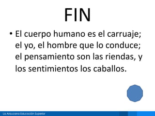 FIN 
• El cuerpo humano es el carruaje; 
el yo, el hombre que lo conduce; 
el pensamiento son las riendas, y 
los sentimientos los caballos. 
