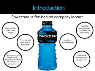 Introduction
Powerade is far behind category leader
Reinvigorate
Powerade's
Image
Powerful
product calls
for powerful
marketing!
Overcome
heart loyalty
to Gatorade
Elicit unwavering
brand loyalty
through the minds
and hearts of
consumers
“Find the 4th"
competition
campaign
Big Idea:
POWER4WARD
 