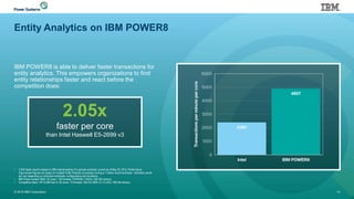 Entity Analytics on IBM POWER8
IBM POWER8 is able to deliver faster transactions for
entity analytics. This empowers organizations to find
entity relationships faster and react before the
competition does:
© 2016 IBM Corporation 14
• 2.05X faster result is based on IBM internal testing of a sample workload; current as of May 29, 2015. Performance
improvement figures are based on multiple Entity Analytics processes running a 1 million record workload . Individual results
will vary depending on individual workloads, configurations and conditions.
• IBM Power System S824; 24 cores / 192 threads, POWER8; 3.5GHz, 256 GB memory
• Competitive stack: HP DL380 Gen 9; 36 cores / 72 threads; Intel E5-2699 v3; 2.3 GHz; 768 GB memory
2.05x
faster per core
than Intel Haswell E5-2699 v3
 