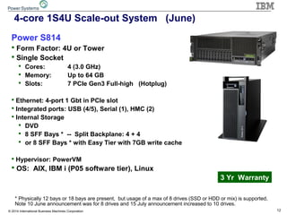 12© 2014 International Business Machines Corporation
4-core 1S4U Scale-out System (June)
Power S814
 Form Factor: 4U or Tower
 Single Socket
 Cores: 4 (3.0 GHz)
 Memory: Up to 64 GB
 Slots: 7 PCIe Gen3 Full-high (Hotplug)
 Ethernet: 4-port 1 Gbt in PCIe slot
 Integrated ports: USB (4/5), Serial (1), HMC (2)
 Internal Storage
 DVD
 8 SFF Bays * -- Split Backplane: 4 + 4
 or 8 SFF Bays * with Easy Tier with 7GB write cache
 Hypervisor: PowerVM
 OS: AIX, IBM i (P05 software tier), Linux
3 Yr Warranty
* Physically 12 bays or 18 bays are present, but usage of a max of 8 drives (SSD or HDD or mix) is supported,
Note 10 June announcement was for 8 drives and 15 July announcement increased to 10 drives.
 