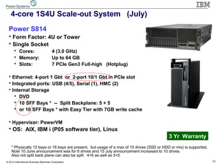 13© 2014 International Business Machines Corporation
4-core 1S4U Scale-out System (July)
Power S814
 Form Factor: 4U or Tower
 Single Socket
 Cores: 4 (3.0 GHz)
 Memory: Up to 64 GB
 Slots: 7 PCIe Gen3 Full-high (Hotplug)
 Ethernet: 4-port 1 Gbt or 2-port 10/1 Gbt in PCIe slot
 Integrated ports: USB (4/5), Serial (1), HMC (2)
 Internal Storage
 DVD
 10 SFF Bays * -- Split Backplane: 5 + 5
 or 10 SFF Bays * with Easy Tier with 7GB write cache
 Hypervisor: PowerVM
 OS: AIX, IBM i (P05 software tier), Linux
3 Yr Warranty
* Physically 12 bays or 18 bays are present, but usage of a max of 10 drives (SSD or HDD or mix) is supported,
Note 10 June announcement was for 8 drives and 15 July announcement increased to 10 drives.
Also not split back plane can also be split 4+6 as well as 5+5
 