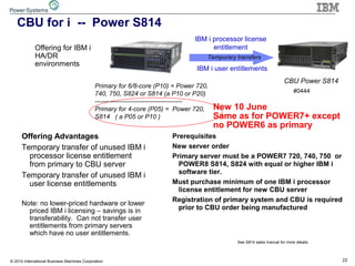 22© 2014 International Business Machines Corporation
CBU for i -- Power S814
Offering for IBM i
HA/DR
environments
Prerequisites
New server order
Primary server must be a POWER7 720, 740, 750 or
POWER8 S814, S824 with equal or higher IBM i
software tier.
Must purchase minimum of one IBM i processor
license entitlement for new CBU server
Registration of primary system and CBU is required
prior to CBU order being manufactured
#0444
Primary for 6/8-core (P10) = Power 720,
740, 750, S824 or S814 (a P10 or P20)
-----------------------------------------
Primary for 4-core (P05) = Power 720,
S814 ( a P05 or P10 )
IBM i processor license
entitlement
IBM i user entitlements
Offering Advantages
Temporary transfer of unused IBM i
processor license entitlement
from primary to CBU server
Temporary transfer of unused IBM i
user license entitlements
Note: no lower-priced hardware or lower
priced IBM i licensing – savings is in
transferability. Can not transfer user
entitlements from primary servers
which have no user entitlements.
Temporary transfers
CBU Power S814
See S814 sales manual for more details
New 10 June
Same as for POWER7+ except
no POWER6 as primary
 