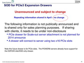 32© 2014 International Business Machines Corporation
SOD for PCIe3 Expansion Drawers
The following information is not publically announced and
is shared only for sales planning purposes. If sharing
with clients, it needs to be under non-disclosure
 PCIe drawer for Scale-out server attachment is not planned for
2014 announce
 A drawer will connect to server using two x16 PCIe slots
Note this future drawer is for PCIe slots. The POWER8 servers already have support for
the EXP24S disk/SSD only drawer.
Unannounced and subject to change
Repeating information shared in April – no change
 