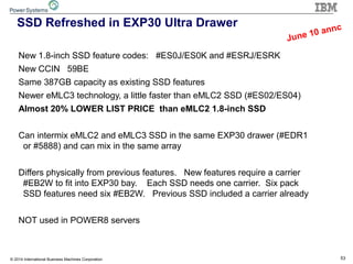 53© 2014 International Business Machines Corporation
SSD Refreshed in EXP30 Ultra Drawer
New 1.8-inch SSD feature codes: #ES0J/ES0K and #ESRJ/ESRK
New CCIN 59BE
Same 387GB capacity as existing SSD features
Newer eMLC3 technology, a little faster than eMLC2 SSD (#ES02/ES04)
Almost 20% LOWER LIST PRICE than eMLC2 1.8-inch SSD
Can intermix eMLC2 and eMLC3 SSD in the same EXP30 drawer (#EDR1
or #5888) and can mix in the same array
Differs physically from previous features. New features require a carrier
#EB2W to fit into EXP30 bay. Each SSD needs one carrier. Six pack
SSD features need six #EB2W. Previous SSD included a carrier already
NOT used in POWER8 servers
June 10 annc
 