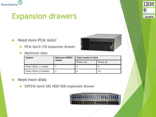 Expansion drawers
 Need more PCIe slots?
 PCIe Gen3 I/O expansion drawer
 Maximum slots
 Need more disks
 EXP24S Gen2 SAS HDD/SSD expansion drawer
 
