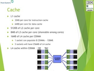 Cache
 L1 cache
 32KB per core for instruction cache
 64KB per core for data cache
 512KB of L2 cache per core
 8MB of L3 cache per core (shareable among cores)
 16MB of L4 cache per CDIMM
 1 socket can populate 8 CDIMMs ~ 128MB
 2 sockets will have 256MB of L4 cache
 L4 cache within CDIMM
 