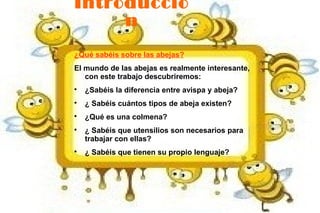 Introducció
     n
¿Qué sabéis sobre las abejas?
El mundo de las abejas es realmente interesante,
   con este trabajo descubriremos:

    ¿Sabéis la diferencia entre avispa y abeja?

    ¿ Sabéis cuántos tipos de abeja existen?

    ¿Qué es una colmena?

    ¿ Sabéis que utensilios son necesarios para
    trabajar con ellas?

    ¿ Sabéis que tienen su propio lenguaje?
 