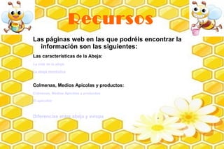 Recursos
Las páginas web en las que podréis encontrar la
  información son las siguientes:
Las características de la Abeja:
La vida de la abeja

La abeja doméstica


Colmenas, Medios Apícolas y productos:
Colmenas, Medios Apícolas y productos

El apicultor



Diferencias entre abeja y avispa
 
