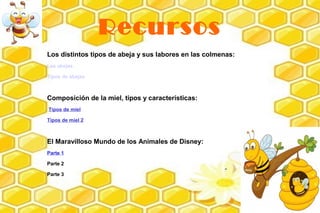 Recursos
Los distintos tipos de abeja y sus labores en las colmenas:
Las abejas

Tipos de abejas



Composición de la miel, tipos y características:
Tipos de miel

Tipos de miel 2



El Maravilloso Mundo de los Animales de Disney:
Parte 1

Parte 2

Parte 3
 