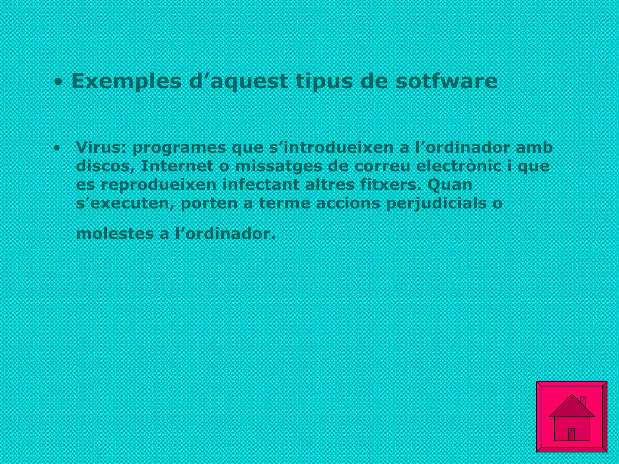 Exemples d’aquest tipus de sotfware Virus: programes que s’introdueixen a l’ordinador amb  discos, Internet o missatges de correu electrònic i que es reprodueixen infectant altres fitxers. Quan s’executen, porten a terme accions perjudicials o molestes a l’ordinador.   