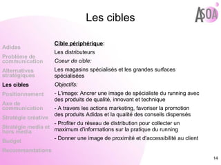Cible périphérique : Les distributeurs Coeur de cible: Les magasins spécialisés et les grandes surfaces spécialisées Objectifs: - L'image: Ancrer une image de spécialiste du running avec des produits de qualité, innovant et technique - A travers les actions marketing, favoriser la promotion des produits Adidas et la qualité des conseils dispensés - Profiter du réseau de distribution pour collecter un maximum d'informations sur la pratique du running  - Donner une image de proximité et d'accessibilité au client Adidas Probléme de  communication Alternatives stratégiques Les cibles Positionnement Axe de communication Stratégie créative Stratégie media et hors media Budget Recommandations Les cibles 