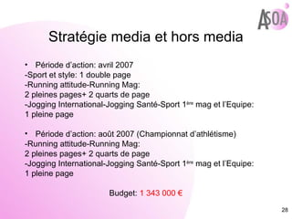 Stratégie media et hors media Période d’action: avril 2007 -Sport et style: 1 double page -Running attitude-Running Mag:  2 pleines pages+ 2 quarts de page -Jogging International-Jogging Santé-Sport 1 ère  mag et l’Equipe: 1 pleine page Période d’action: août 2007 (Championnat d’athlétisme) -Running attitude-Running Mag:  2 pleines pages+ 2 quarts de page -Jogging International-Jogging Santé-Sport 1 ère  mag et l’Equipe: 1 pleine page Budget:  1 343 000 € 