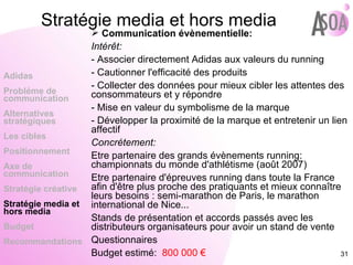 Communication évènementielle: Intérêt: - Associer directement Adidas aux valeurs du running - Cautionner l'efficacité des produits - Collecter des données pour mieux cibler les attentes des consommateurs et y répondre - Mise en valeur du symbolisme de la marque - Développer la proximité de la marque et entretenir un lien affectif Concrétement: Etre partenaire des grands évènements running: championnats du monde d'athlétisme (août 2007) Etre partenaire d'épreuves running dans toute la France afin d'être plus proche des pratiquants et mieux connaître leurs besoins : semi-marathon de Paris, le marathon international de Nice... Stands de présentation et accords passés avec les distributeurs organisateurs pour avoir un stand de vente Questionnaires Budget estimé:  800 000 € Adidas Probléme de  communication Alternatives stratégiques Les cibles Positionnement Axe de communication Stratégie créative Stratégie media et hors media Budget Recommandations Stratégie media et hors media 