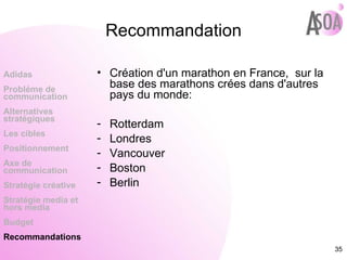 Recommandation Création d'un marathon en France,  sur la base des marathons crées dans d'autres pays du monde: Rotterdam Londres Vancouver Boston  Berlin  Adidas Probléme de  communication Alternatives stratégiques Les cibles Positionnement Axe de communication Stratégie créative Stratégie media et hors media Budget Recommandations 
