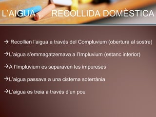 L’AIGUA… RECOLLIDA DOMÈSTICA
 Recollien l’aigua a través del Compluvium (obertura al sostre)
L’aigua s’emmagatzemava a l’Impluvium (estanc interior)
A l’Impluvium es separaven les impureses
L’aigua passava a una cisterna soterrània
L’aigua es treia a través d’un pou
 