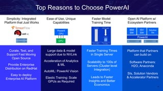 13
Simplicity: Integrated
Platform that Just Works
Curate, Test, and
Support Fast Moving
Open Source
Provide Enterprise
Distribution on RedHat
Easy to deploy
Enterprise AI Platform
Ease of Use, Unique
Capabilities
Faster Model
Training Time
Large data & model
support due to NVLink
Acceleration of Analytics
& ML
AutoML: PowerAI Vision
Elastic Training: Scale
GPUs as Required
Faster Training Times
in Single Server
Scalability to 100s of
Servers (Cluster level
Integration)
Leads to Faster
Insights and Better
Economics
Platform that Partners
can build on
Software Partners:
H2O, Anaconda
SIs, Solution Vendors
& Accelerator Partners
Open AI Platform w/
Ecosystem Partners
Power9
CPU
GPU
PowerAI
IBM
SW
ISV
SW
Solution
SIs
Top Reasons to Choose PowerAI
 