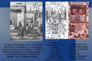 Η άνοδος του
 Ο ασθενής Αλέξανδρος και ο γιατρός του   Αλεξάνδρου στον      Ο Αλέξανδρος στο
 Φίλιππος, ενώ διαβάζει τη συκοφαντική        ουρανό.          υάλινο βαθυσκάφος.
επιστολή προς τον Αλέξανδρο, ότι δήθεν ο     Του Hans          Γαλλικό χειρόγραφο
 Φίλιππος σχεδιάζει να τον δηλητηριάσει.     Schaulflein       (Roman d
    Του Vittore Carpaccio (1450-1522).      (1480-1539).       Alexandre).
     Buffalo, N.Y. Albright Art Gallery.   Λονδίνο. British    14ος αι. Οξφόρδη.
                                         Museum, Print room.   Bodleian Library.
 