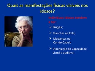 Quais as manifestações físicas visíveis nos idosos? Indivíduos idosos tendem a ter: Rugas; Mudanças na  Cor do Cabelo Diminuição da Capacidade  visual e auditiva; Manchas na Pele; 