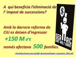 A qui beneficia l’eliminació de
l’ impost de successions?


Amb la darrera reforma de
CiU es deixen d’ingressar
+150 M d’€
només afectava             500 famílies.
       Font:http://www.ccoo.cat/pdf_documents/impost_successions_2011.pdf
 